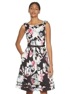 White House Black Market Black Floral Midi Dress with Pink Accents
